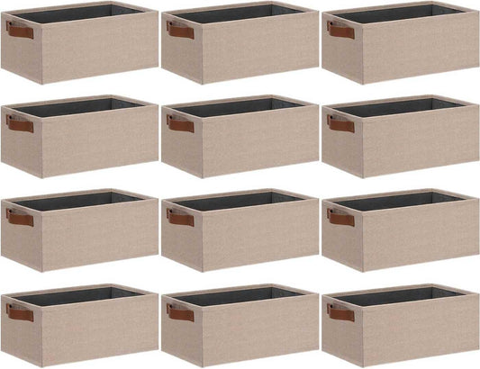 GhvyenntteS Small Fabric Storage Bins 12 Pack, 11.8" x 7.87" x 5.11" Storage Basket with Leather Handles, Closet Storage Bins for Shelves, Storage Baskets for Shelves, DVD Storage (Beige Yellow)