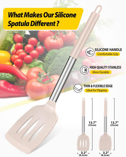 Pack of 2 Silicone Solid Turner, Non Stick Slotted Kitchen Spatulas, High Heat Resistant BPA Free Cooking Utensils, Ideal Cookware for Fish, Eggs, Pancakes(Stainless Steel Khaki)