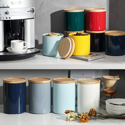 Sweejar Kitchen Canisters Ceramic Food Storage Jar, Stackable Containers with Airtight Seal Wooden Lid for Serving Coffee Bean, Flour, Tea, Spice and More - 39 Fl Oz (Gray)