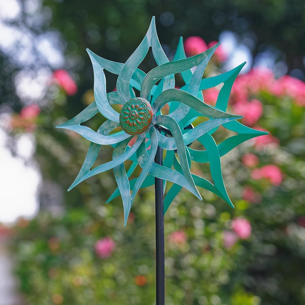 Viveta Metal Wind Spinners,53.5" Kinetic Wind Sculptures,Green Garden Pinwheels Double Layer Windmill for Outdoor Patio Lawn Yard