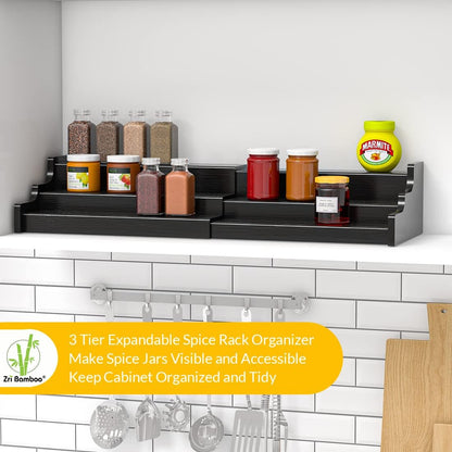 Spice Rack Organizer For Cabinet - 3 Tier Black Bamboo Wooden Expandable Display Shelf from 12.70 to 22.20 inch