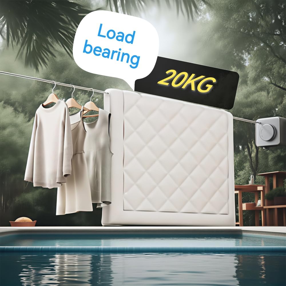 Retractable Clothesline, Wall Mounted, Stainless Steel, 17 Ft Indoor Outdoor (White)