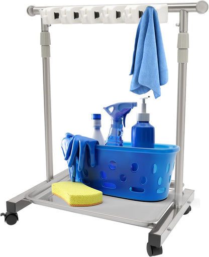 Broom Mop Holder, Movable Put Wet Mops Broom Floor Standing Cleaning Tool Rack 6 Hook and 5 Slots, Stainless Steel Cleaning Supplies Organizer for Home Schools Hospitals Factories Hotels Restaurant