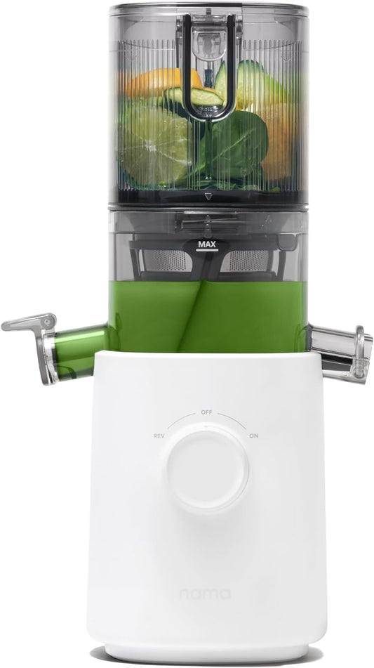 Nama J3 Compact Cold Press Juicer – Space Saving & Self Feeding for Hands-Free Operation – Lightweight, Portable Zero Waste Slow Masticating Juicer – Easy Cleanup & Assembly - White