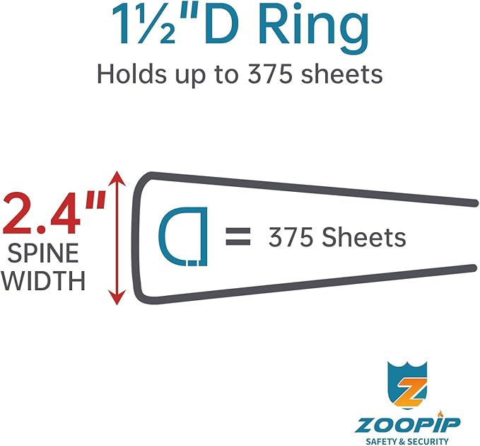 Fireproof 3 Ring Binder with Zipper, 1.5 Inch D Rings Hold up 375 Sheets of 8.5" x 11" (A4), Compatible with Clear Page Protectors, Built-in net and Pen Holder (2 Pcs, Black, 1.5")