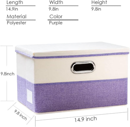 PRANDOM Collapsible Storage Bin with Lid [3-Pack] Fabric Foldable Storage Box Organizer Container Basket Cube with Cover for Home Bedroom Closet Office Nursery Purple&Cream(14.9x9.8x9.8)