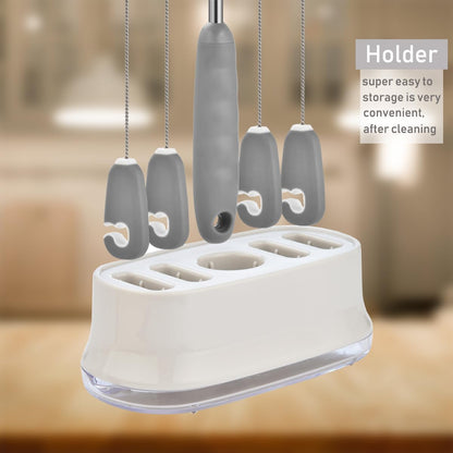 ALINK 5 Pack Water Bottle Brush Cleaning Set with Holder, Bottle Cleaner with Stand, Straw Nipple Lid Brush for Stanley Tumblers, Drinking Glass, Baby Bottles, Jugs - Gray