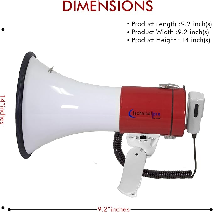 Technical Pro Portable 75-Watts 800M-1000M Range Megaphone Bullhorn Speaker w/Strap, Siren, & Volume Control, Good for Trainers, Camping, Coaches, Cheer Leaders (Red) Pack of 2