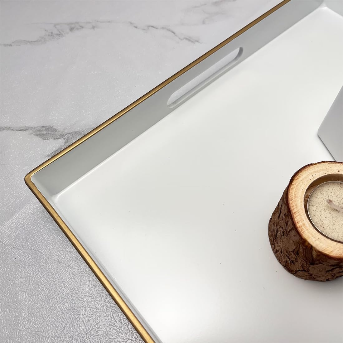 White Decorative Tray, Square Serving Tray with Handles, Plastic Coffee Table Tray for Ottoman, Living Room, Kitchen Tabletop, 13"x13"x1.6"