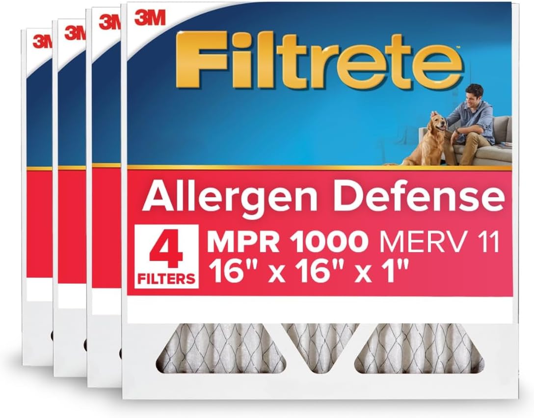 Filtrete 16x16x1 AC Furnace Air Filter, MERV 11, MPR 1000, Micro Allergen Defense, 3-Month Pleated 1-Inch Electrostatic Air Cleaning Filter, 4 Pack (Actual Size 15.81 x 15.81 x 0.81 in)