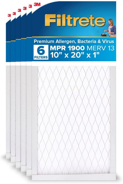 Filtrete 10x20x1 AC Furnace Air Filter, MERV 13, MPR 1900, Premium Allergen, Bacteria & Virus Filter, 3-Month Pleated 1-Inch Electrostatic Air Cleaning Filter, 6-Pack (Actual Size 9.81x19.81x0.78 in)