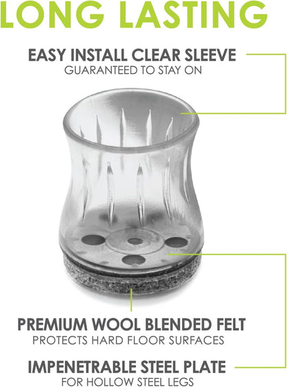Slipstick GorillaFelt Chair Leg Floor Protectors for Hardwood Floors, Clear Sleeve Felt Pads for Furniture That Stay On, Fits Round & Square Legs, Includes 8 Premium Transparent Chair Socks, CB184
