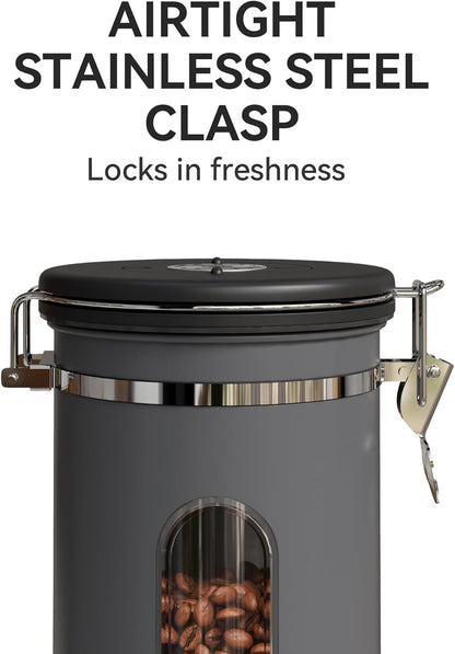 Veken Coffee Canister with Window,Airtight Stainless Steel Kitchen Food Storage Container, Date Tracker & Scoop for Grounds Coffee, Beans, Tea, Flour, Cereal,Sugar,22OZ,Grey