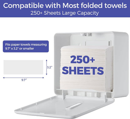 Multifold Paper Towel Dispenser Wall Mount (White) – Large Capacity C-Fold, Trifold, and Folded Commercial Hand Towels Holder for Bathroom & Restroom – Adhesive or Screw Mounted