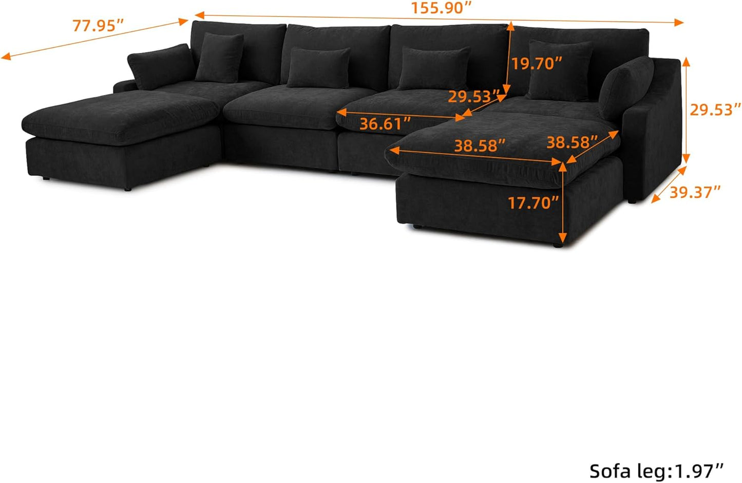 JACH U-Shaped Sectional Couches for Living Room, Cloud Sectional Couch with Deep Seat, 155.9" Modular Sofa with Chaise, Covers Removeable & Washable, Sofas Furniture for Living Room, Black