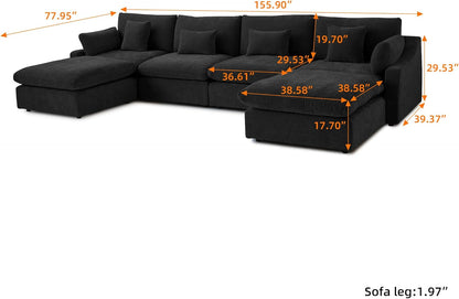 JACH U-Shaped Sectional Couches for Living Room, Cloud Sectional Couch with Deep Seat, 155.9" Modular Sofa with Chaise, Covers Removeable & Washable, Sofas Furniture for Living Room, Black