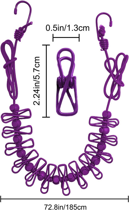 2 Pack Camping Clothesline Portable 12 Clothespins, Purple Camping Accessories Travel Clothesline for Outdoor Indoor, Retractable Clothes Line Elastic Clothesline for Camper Hotel Room