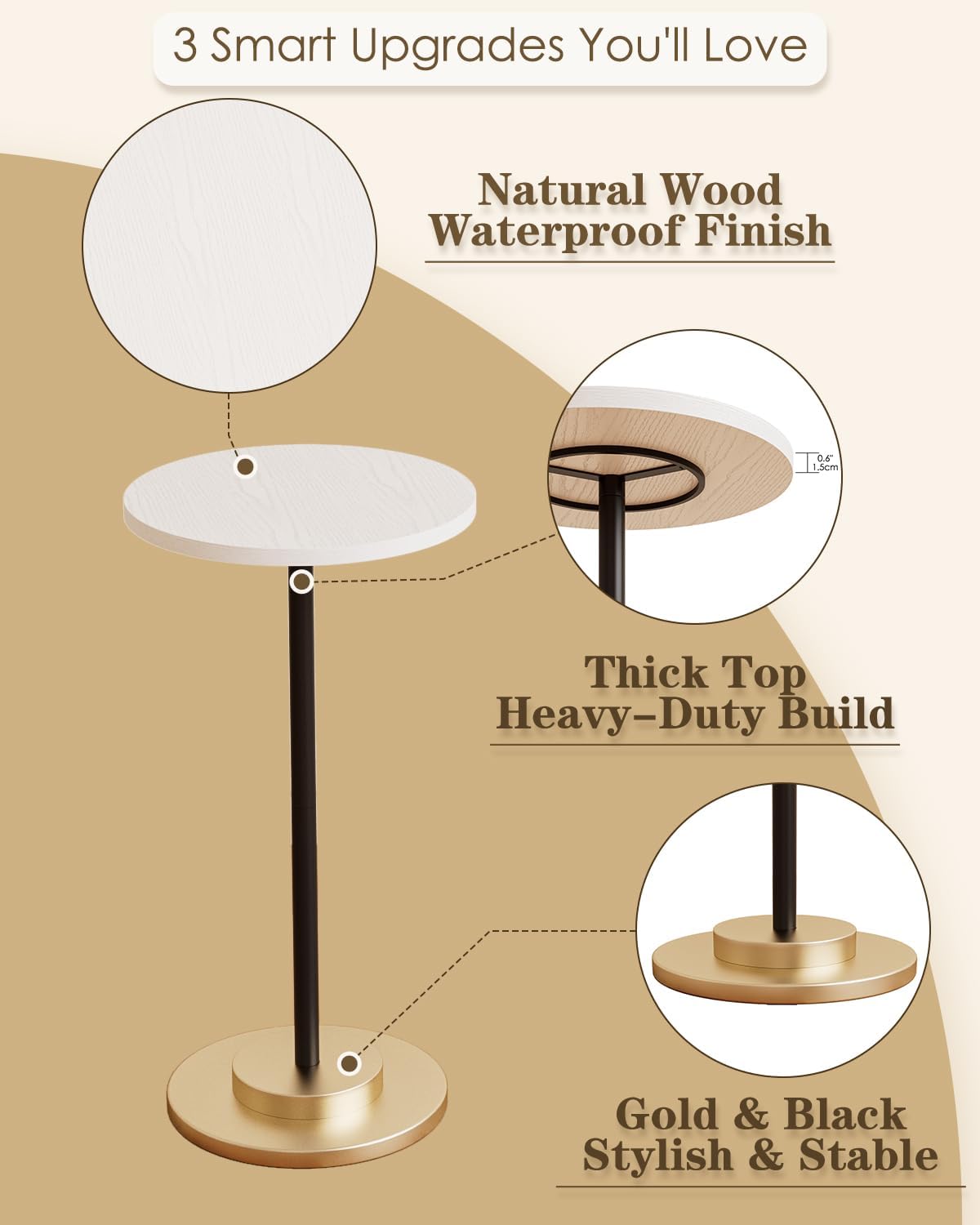 Masupu Drink Table, Round Side Table for Small Spaces, Pedestal Side Table, Small End Table with Metal Base, for Living Room, Bedroom, Bathroom, White