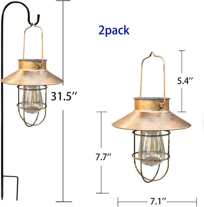 2 Pack Solar Lanterns, Outdoor Hanging Lights Metal with Shepherd Hook Warm White Edison Bulb Design for Garden and Birthday Gifts for Mom Grandma Wife ( Copper)