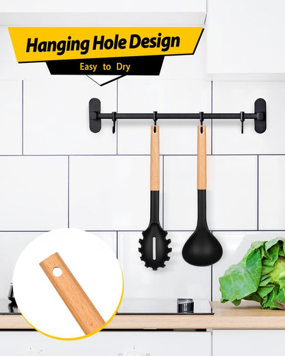 Silicone Pasta Fork and Ladle Spoon Set with Wooden Handle, Heat Resistant Non Stick Kitchen Utensils for Cooking, Stirring, Serving Spaghetti, Soup, Sauce(BLACK)