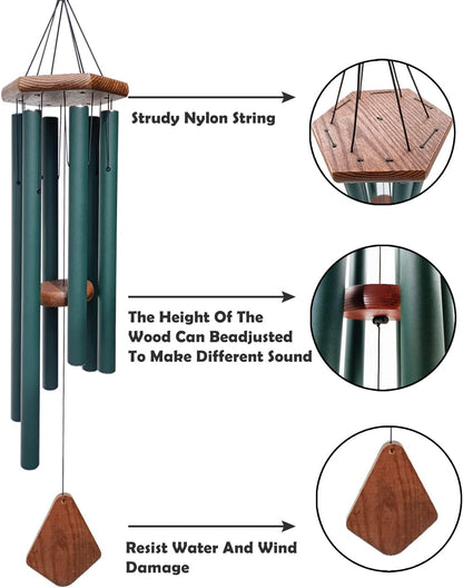 Wind Chimes Outdoor Large Deep Tone,Sympathy Wind Chime Outdoor, Memorial Wind-Chime with 6 Tuned Tubes, Elegant Chime for Garden, Patio, Balcony and Home Decor, Matte Green