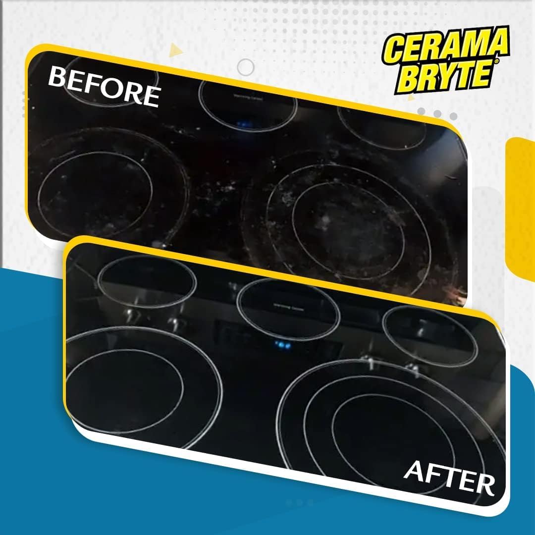 Cerama Bryte Glass Cooktop and Stove Top Cleaner Combo Kit - Includes Cleaning Tool, Razor, Scraper and 1 Pad to Remove Tough Stains - Use on Gas, Electric, Ceramic Surfaces, 18 Ounces, 4 Piece