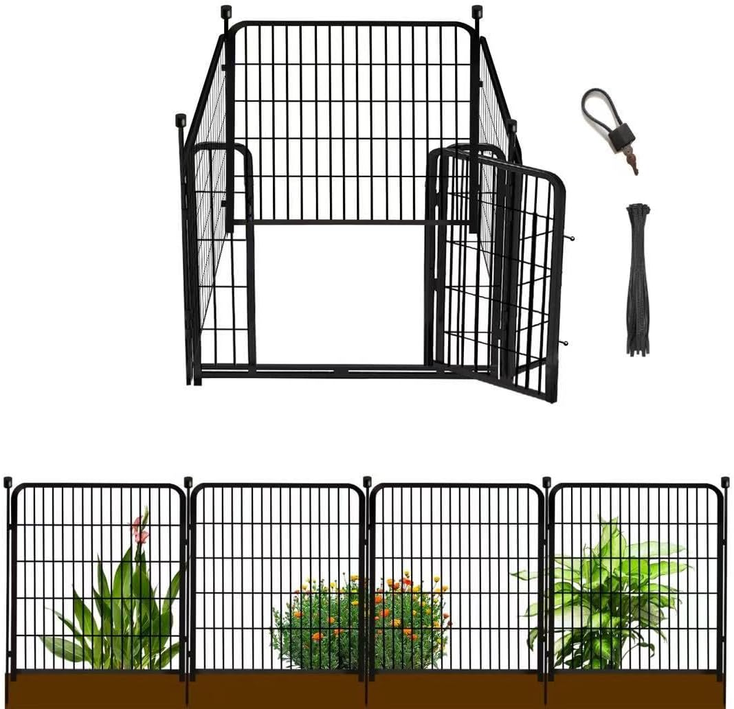 Garden Fence with Gate 36 in(H)×27 in(L) 4 Panels, Heavy Duty Iron Animal Barrier Fence, Rabbit Fence for Garden, Suitable for Indoor Pet Or Outdoor Dog Fencing, Total 8.9 Ft(L), Black