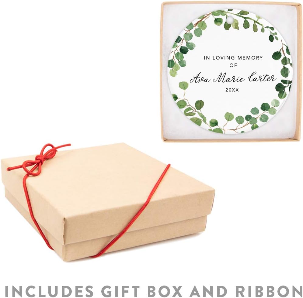 Andaz Press Personalized Round Ceramic Porcelain Christmas Tree Keepsake Gift, in Loving Memory of Ava Marie Carter, Farmhouse Eucalyptus Wreath, 1-Pack, Custom Memorial Bereavement Gift Ideas