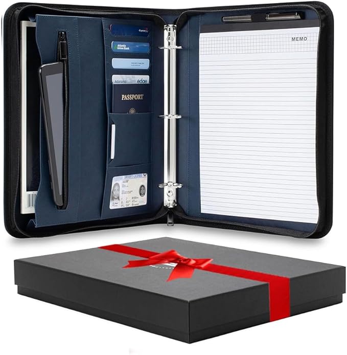 Forevermore Portfolios Portfolio Organizer - 3 Ring Binder with Notepad - 1.5 Inch Rings - Zippered Storage Pockets for Papers, Travel Documents, Presentation Folder, Cards, Passport, Tickets - Blue