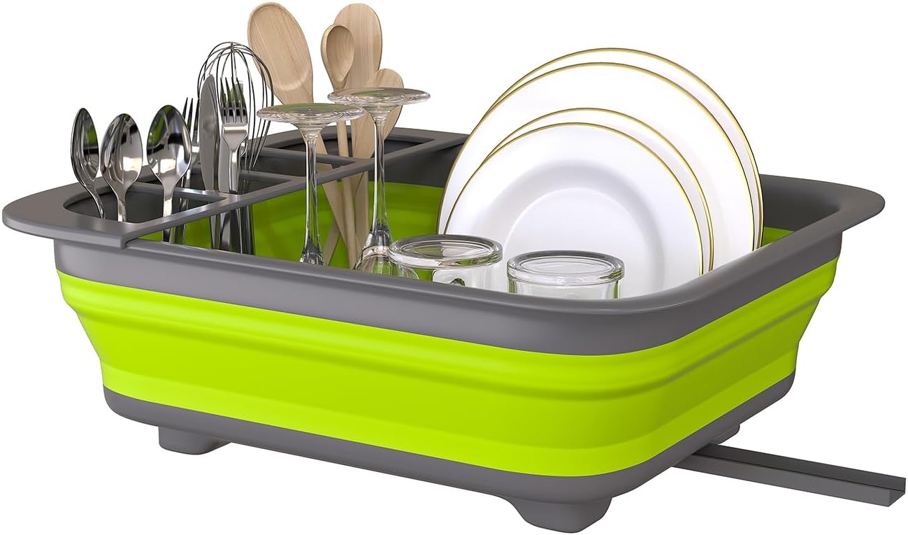 THANSTAR Collapsible Dish Drying Rack for RV Campers Portable Dinnerware Drainer Organizer for Kitchen Travel Trailer-Green