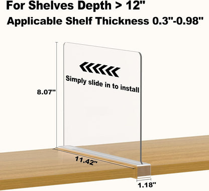 Shelf Dividers Purse Organizer for Closet: 12-Pack Acrylic Bag Storage Organizer for Handbags, Clutches, Clothes, Sweater, Towel on Wood Shelves