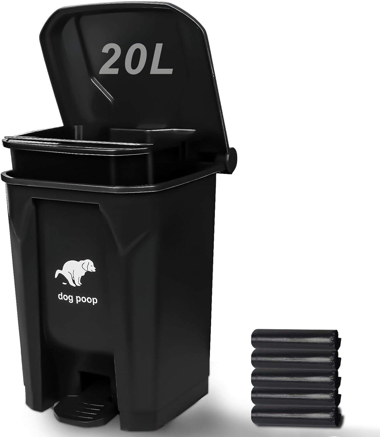 Dog Poop Trash Can Outside, 20L/5Gallon Pedal and Removable Inner Waste Bin, Outdoor Dog Poop Trash Can with 100 Bags, Pet Waste Container for Garden, Black