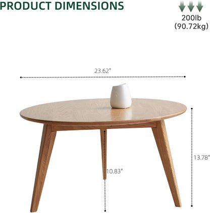 100% Solid Oak Wood Mini Coffee Table, Round Living Room Table Side Table w/Solid Wood Legs, Walnut Mid Century Sturdy Tables for Bedroom Balcony Living Room (23.62" D x 13.78" H)