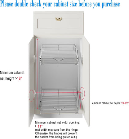 DINDON 2 Tier Pull Out Cabinet Organizer (11" W x 18" D) Heavy-Duty Metal Sliding Drawer Shelf, Two Tier Pull Out Shelves for Kitchen Cabinets, Pantry, Bathroom, Chrome Finish