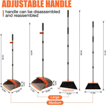 Broom and Dustpan Set, Upgraded Large Broom with Dustpan Combo Set with 56" Tall Adjustable Handle, Self-Cleaning Teeth, Upright Standing Dust Pan for Heavy Duty Indoor Outdoor Cleaning and Pet Hair