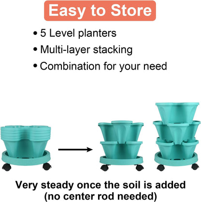 DUNCHATY Stackable Planter, Vertical Garden Planter with Wheels and Tools, Self Watering Strawberry Planter Indoor/Outdoor 5 Tier Herb Planter Pots for Growing Vegetables and Succulents, Teal