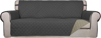 PureFit Reversible Quilted Sofa Cover, Water Resistant Slipcover Furniture Protector, Washable Couch Cover with Non Slip and Elastic Straps for Kids, Dogs, Pets (Sofa, Dark Gray/Beige)