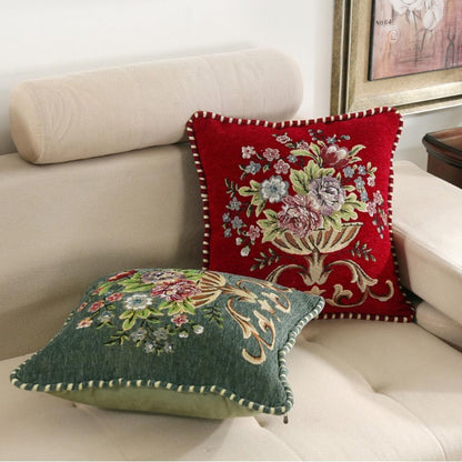 Set of 2 Spring Chenille Vintage Green Throw Pillows Covers 18x18in Sofa Couch Pillows for Living Room Floral Embroidered Cushion Cover for Bed Chairs Car