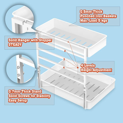EVERIE Height Adjustable 2 Tier Metal Pull Out Slide Shelf Organizer for Framed or Frameless Under Sink Cabinets in Kitchen, Bathroom, with Snap-on Top Tray (White, 2 Sets)