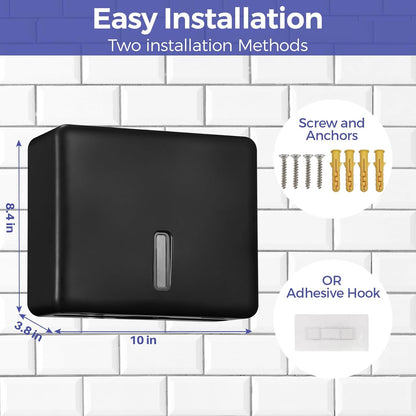 2-Pack Multifold Paper Towel Dispenser Wall Mount (Black) – Large Capacity C-Fold, Trifold, and Folded Commercial Hand Towel Holder for Bathroom & Restroom – Adhesive or Screw Mounted