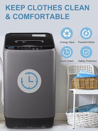 Full-Automatic Washing Machine 17.7 lbs Small Compact Portable 10 Wash Program & 8 Water Level Compact Washer with LED Display Ideal for Apartments, RV, Camping, Grey (KB03-GREY6)