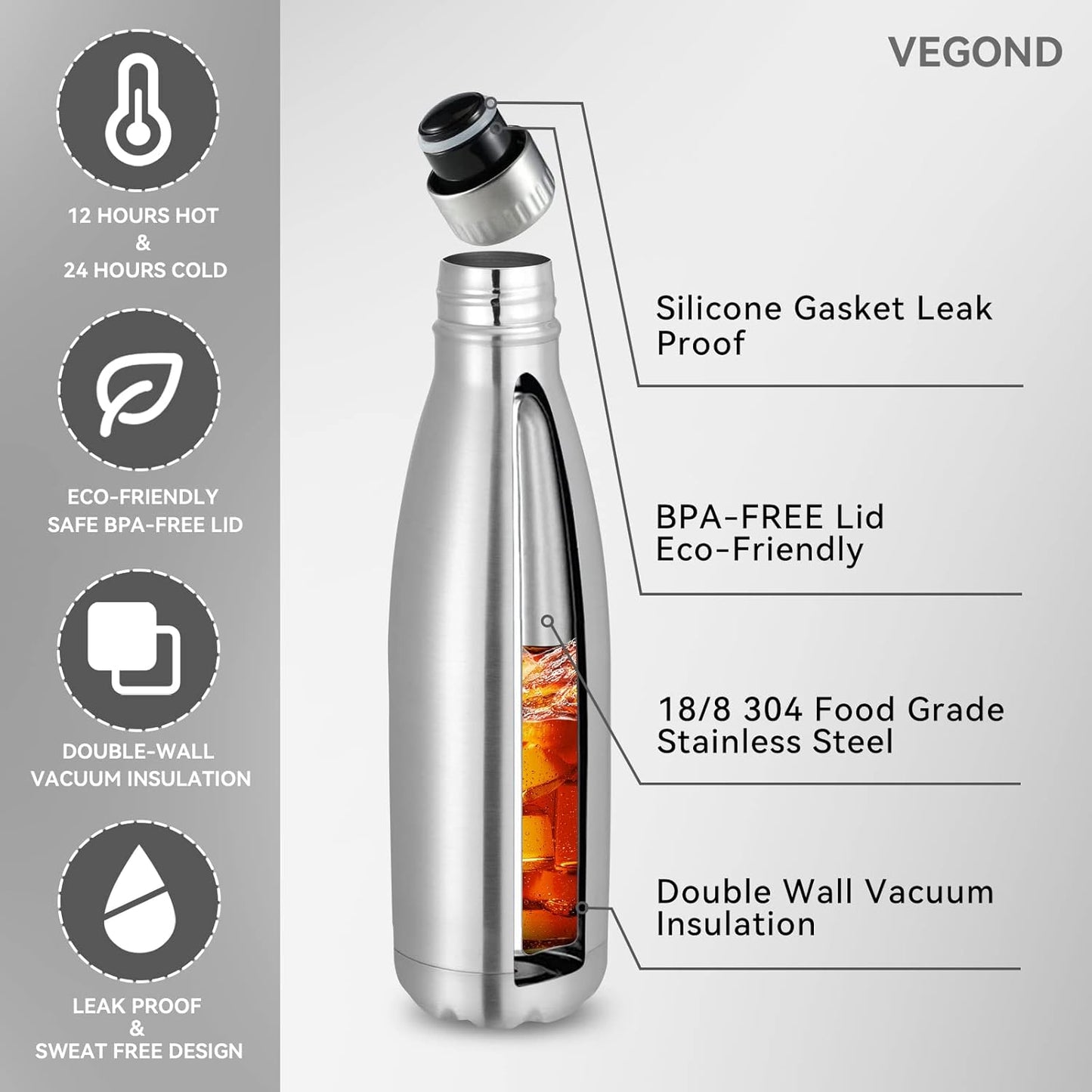 VEGOND 17oz Stainless Steel Water Bottles Bulk, Reusable Metal Sports Water Bottle Keeps Drink Hot and Cold, BPA Free Double Wall Vacuum Cola Shape Insulated Water Bottles for Camping Gym, 8 Pack