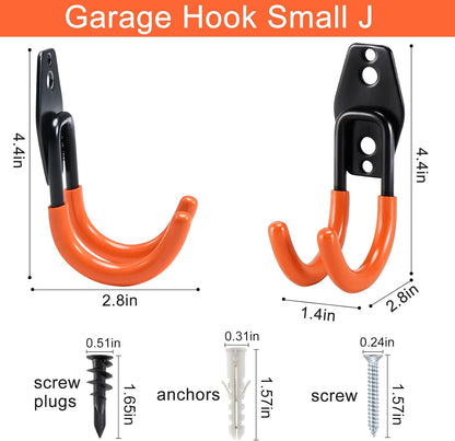 AOBEN Garage Hooks Heavy Duty, Steel Garage Storage Hooks, Utility Tool Hangers and Combinable Wall Mount for Organizing Ladders, Bikes, Hoses, and More Equipment (Small J, 4 Pack)