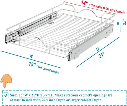 OCG Pull Out Cabinet Organizer (15" W x 21" D), Pull out Drawers, Cabinet Pull Out Shelves for Base Cabinet Organization in Kitchen Bathroom Pantry, Bottom Mount, Chrome Finish