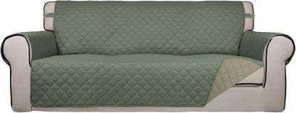 PureFit Reversible Quilted Sofa Cover, Water Resistant Slipcover Furniture Protector, Washable Couch Cover with Non Slip and Elastic Straps for Kids, Pets (Oversized Sofa, Greyish Green/Beige)