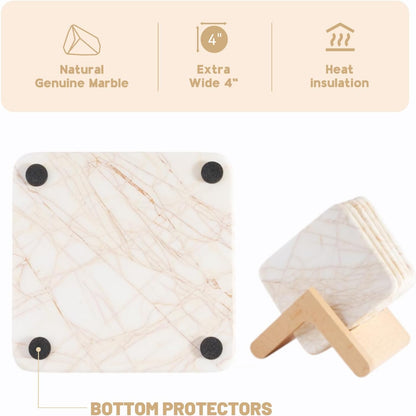 BCS Square Marble Coasters Set of 6 with Holder - Modern Stone Drink Coasters for Tables, Durable Cup Mats for Coffee, Wine, Beer - Elegant Home & Bar Decor Present