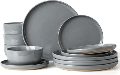 Famiware Milkyway Plates and Bowls Set, 12 Pieces Dinnerware Sets, Dishes Set for 4, Dark Gray