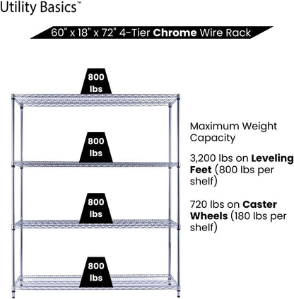 60"x18"x72" Chrome Premium Metal Steel Wire Shelving 4-Tier NSF 3200 LBS MAX Capacity Heavy Duty Storage Rack for Garages, Commercial Spaces, Hospitals, & Schools w/Premium Wheels