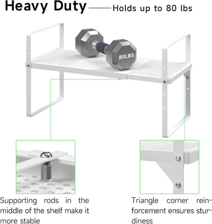 Expandable Cabinet Storage Shelf Stackable Organizer Rack for Kitchen Bathroom Pantry Spice Cupboard Coffee Countertop Home Office Desk Heavy Duty Nonslip White Small 2 Packs