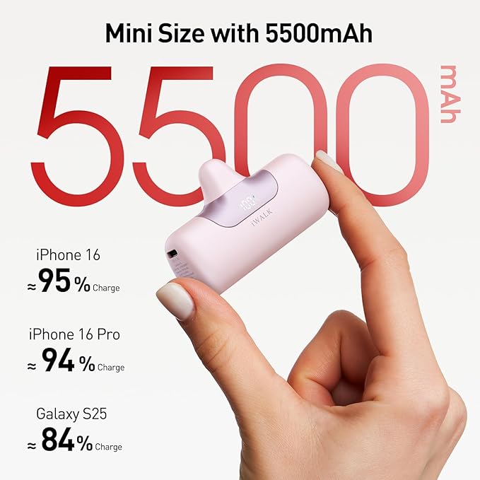 iWALK Portable Charger 5500mAh Next-Gen Small Power Bank 22.5W Fast Charging Battery USB-C Portable Phone Charger for iPhone 17/16/15 17 Plus 17 Pro Max iPad, Samsung Galaxy S25 S24 S23 Android, Pink